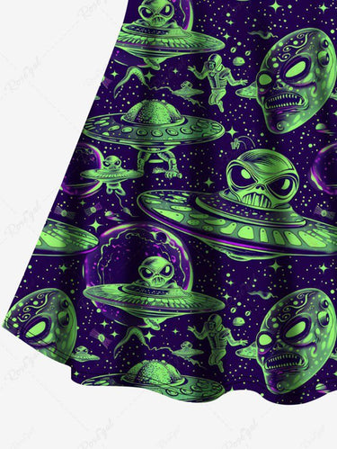 Gothic Plus Size Skull Alien UFO Galaxy Print Crisscross Strappy A Line Cami Dress