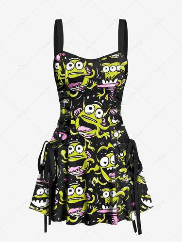 Gothic Cute Cartoon Monster Print Lace Up A Line Tank Dress