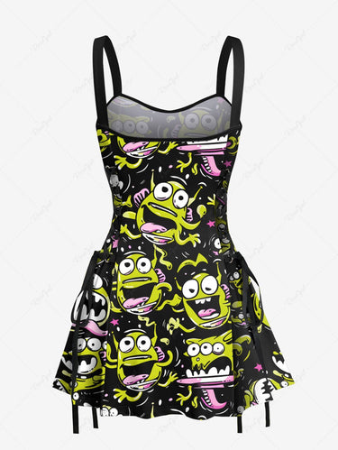 Gothic Cute Cartoon Monster Print Lace Up A Line Tank Dress