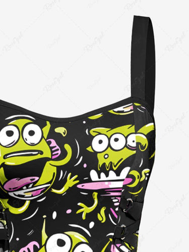 Gothic Cute Cartoon Monster Print Lace Up A Line Tank Dress