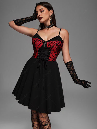 Gothic Spider Web Lace Up Cross A Line Cami Dress(Adjustable Shoulder Strap) Black / L Gothic Spider Web Lace Up Cross A Line Cami Dress(Adjustable Shoulder Strap) Black / L