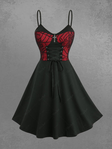 Gothic Spider Web Lace Up Cross A Line Cami Dress(Adjustable Shoulder Strap)