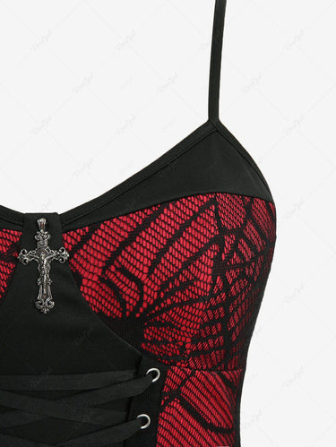 Gothic Spider Web Lace Up Cross A Line Cami Dress(Adjustable Shoulder Strap)