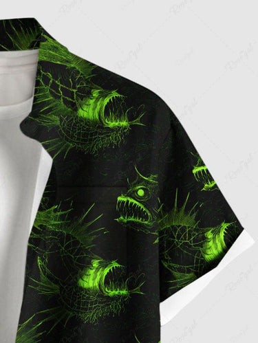 Gothic Plus Size Piranha Fish Print Hawaii Sea Creatures Button Pocket Shirt For Men
