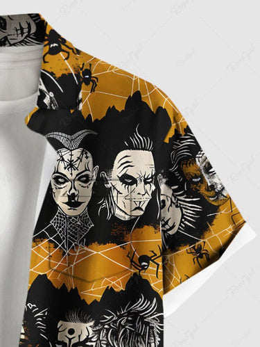 Gothic Plus Size Spider Web Insect Goths Print Button Pocket Shirt For Men