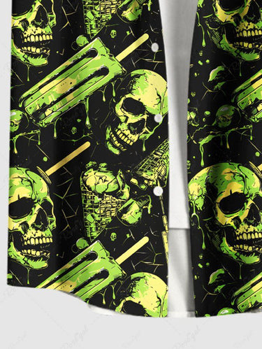 Gothic Plus Size Skull Ice Cream Print Button Pocket Shirt For Men