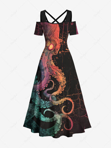 Gothic Plus Size Ombre Octopus Print Hawaii Cold Shoulder Crisscross Strappy A Line Maxi Dress