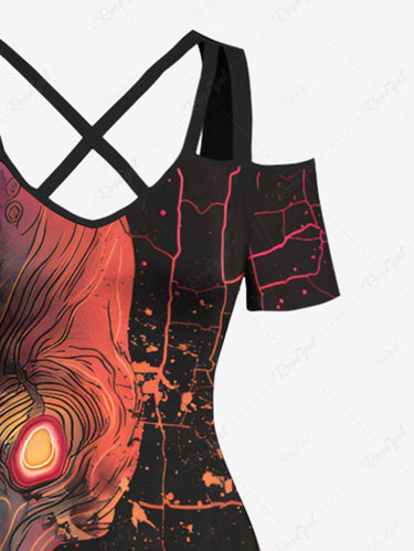 Gothic Plus Size Ombre Octopus Print Hawaii Cold Shoulder Crisscross Strappy A Line Maxi Dress