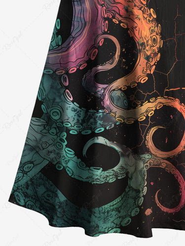 Gothic Plus Size Ombre Octopus Print Hawaii Cold Shoulder Crisscross Strappy A Line Maxi Dress