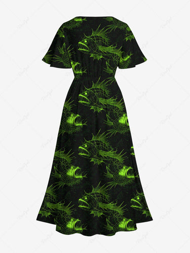 Gothic Plus Size Piranha Fish Print Hawaii Sea Creatures Split Pocket A Line Midi Dress