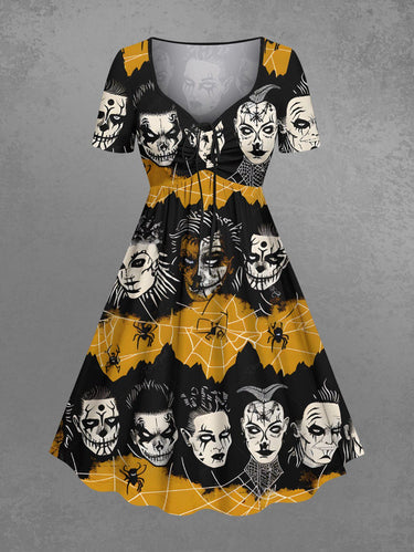 Gothic Plus Size Spider Web Insect Goths Print Cinched A Line Dress