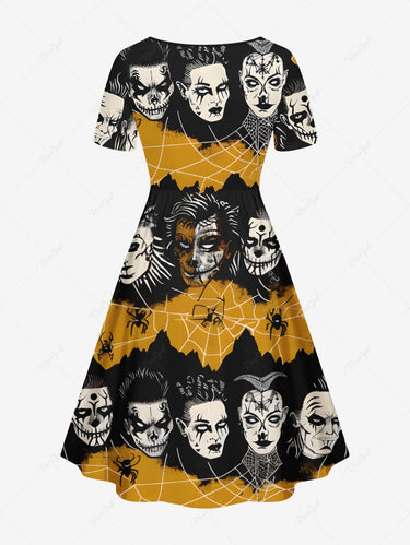 Gothic Plus Size Spider Web Insect Goths Print Cinched A Line Dress