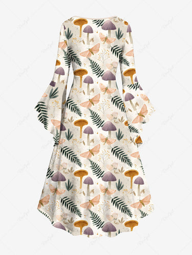 Gothic Plus Size Tropical Leaf Mushroom Butterfly Print Ruched High Low Asymmetric Dress