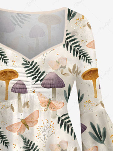 Gothic Plus Size Tropical Leaf Mushroom Butterfly Print Ruched High Low Asymmetric Dress