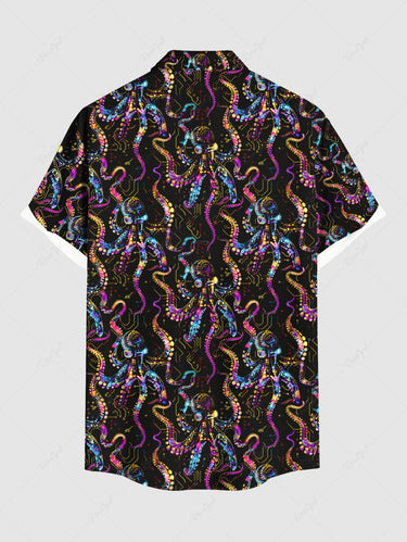 Gothic Plus Size Colorful Octopus Print Hawaii Button Pocket Shirt For Men
