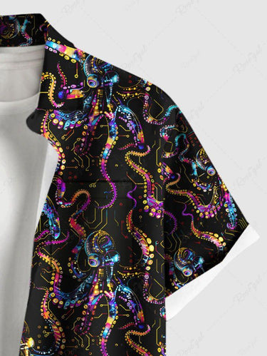 Gothic Plus Size Colorful Octopus Print Hawaii Button Pocket Shirt For Men