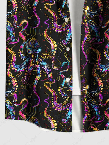 Gothic Plus Size Colorful Octopus Print Hawaii Button Pocket Shirt For Men