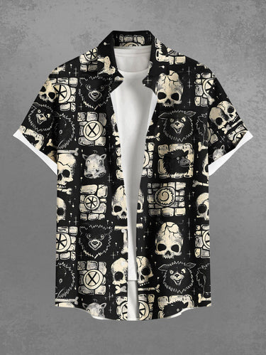Gothic Plus Size Skull Geometric Colorblock Monster Print Button Pocket Shirt For Men