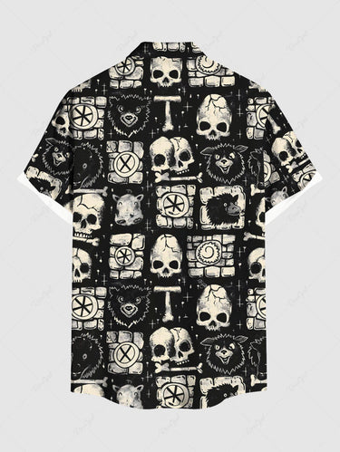 Gothic Plus Size Skull Geometric Colorblock Monster Print Button Pocket Shirt For Men