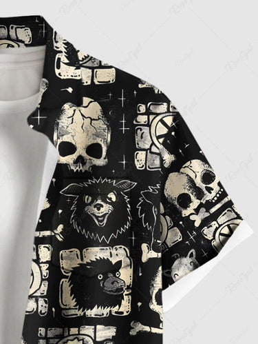 Gothic Plus Size Skull Geometric Colorblock Monster Print Button Pocket Shirt For Men
