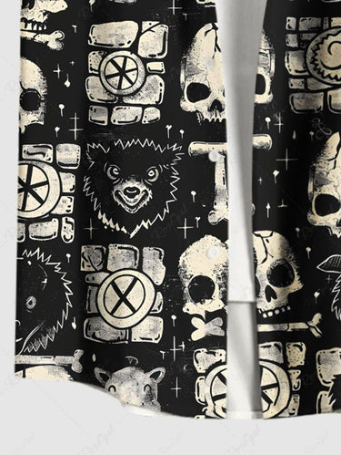 Gothic Plus Size Skull Geometric Colorblock Monster Print Button Pocket Shirt For Men