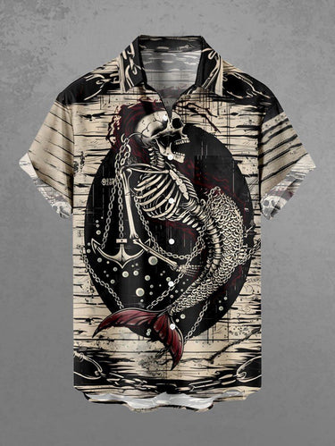 Gothic Plus Size Skeleton Mermaid Anchor Chain Sea Print Hawaii Cruise Button Pocket Shirt For Men