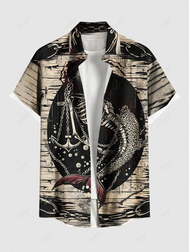Gothic Plus Size Skeleton Mermaid Anchor Chain Sea Print Hawaii Cruise Button Pocket Shirt For Men