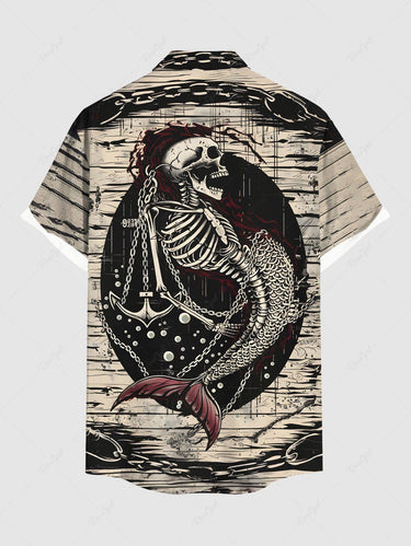 Gothic Plus Size Skeleton Mermaid Anchor Chain Sea Print Hawaii Cruise Button Pocket Shirt For Men