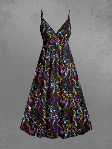 Gothic Plus Size Colorful Octopus Print Hawaii Surplice A Line Cami Dress