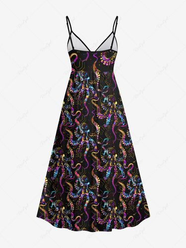 Gothic Plus Size Colorful Octopus Print Hawaii Surplice A Line Cami Dress