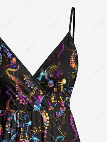 Gothic Plus Size Colorful Octopus Print Hawaii Surplice A Line Cami Dress