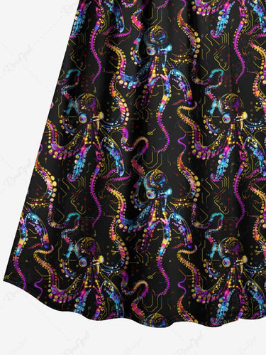 Gothic Plus Size Colorful Octopus Print Hawaii Surplice A Line Cami Dress