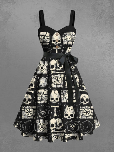 Gothic Plus Size Skull Geometric Colorblock Monster Print Button A Line Dress with Removable Belt