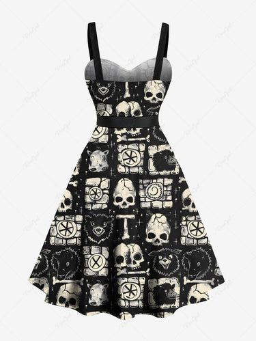 Gothic Plus Size Skull Geometric Colorblock Monster Print Button A Line Dress with Removable Belt