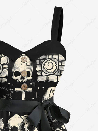 Gothic Plus Size Skull Geometric Colorblock Monster Print Button A Line Dress with Removable Belt
