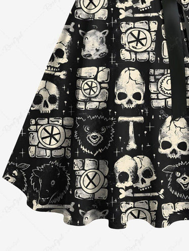 Gothic Plus Size Skull Geometric Colorblock Monster Print Button A Line Dress with Removable Belt