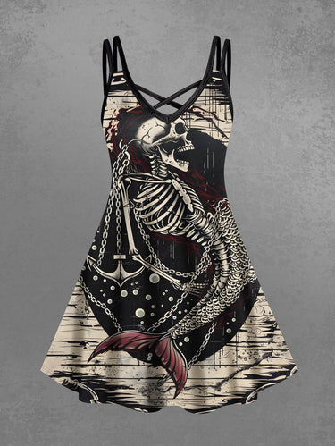 Gothic Plus Size Skeleton Mermaid Anchor Chain Sea Printed Hawaii Cruise Strappy A Line Cami Dress