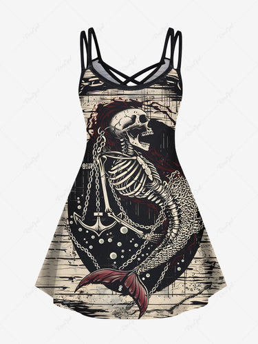 Gothic Plus Size Skeleton Mermaid Anchor Chain Sea Printed Hawaii Cruise Strappy A Line Cami Dress