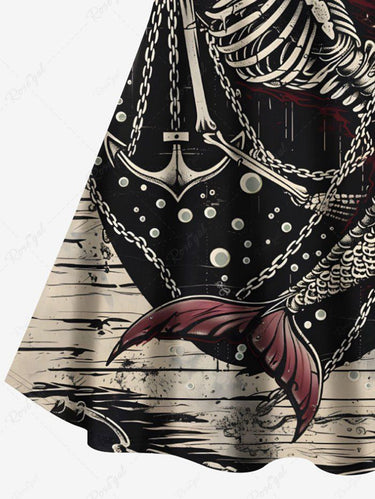 Gothic Plus Size Skeleton Mermaid Anchor Chain Sea Printed Hawaii Cruise Strappy A Line Cami Dress