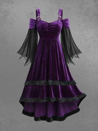 Gothic Plus Size Cold Shoulder Chiffon Patchwork Flare Sleeve Ruched Fur Trim High Low Asymmetric Velvet Dress