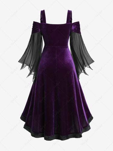 Gothic Plus Size Cold Shoulder Chiffon Patchwork Flare Sleeve Ruched Fur Trim High Low Asymmetric Velvet Dress