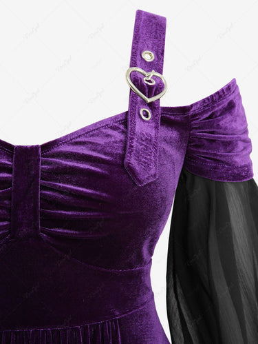 Gothic Plus Size Cold Shoulder Chiffon Patchwork Flare Sleeve Ruched Fur Trim High Low Asymmetric Velvet Dress