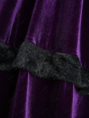 Gothic Plus Size Cold Shoulder Chiffon Patchwork Flare Sleeve Ruched Fur Trim High Low Asymmetric Velvet Dress