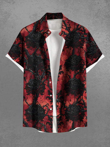 Gothic Plus Size Rose Flower Fence Print Button Pocket Shirt For Men