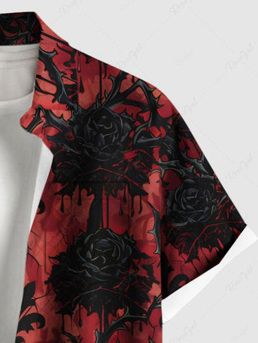 Gothic Plus Size Rose Flower Fence Print Button Pocket Shirt For Men