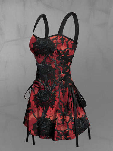 Gothic Rose Flower Fence Print Lace Up A Line Tank Dress