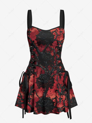 Gothic Rose Flower Fence Print Lace Up A Line Tank Dress