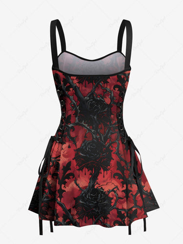 Gothic Rose Flower Fence Print Lace Up A Line Tank Dress