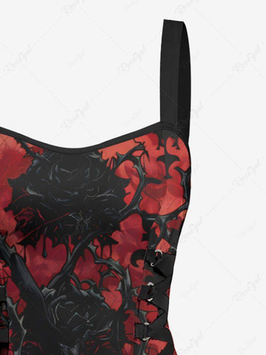 Gothic Rose Flower Fence Print Lace Up A Line Tank Dress
