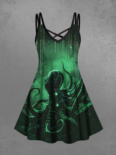 Gothic Plus Size Ombre Octopus Print Hawaii Crisscross Strappy A Line Cami Dress